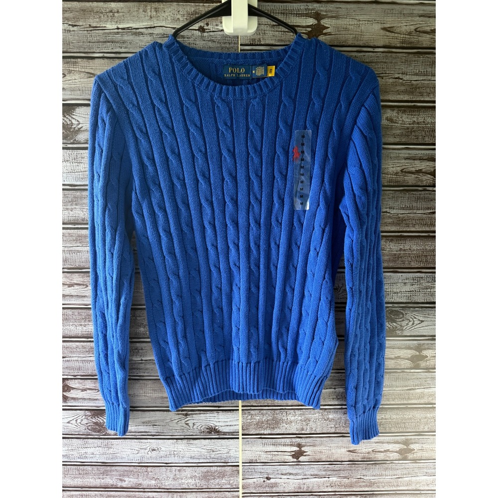 Polo Ralph Lauren Women's Long-Sleeve Cable-Knit Sweater Sz M Blue Red Logo NWOT